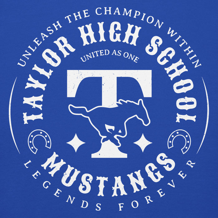 Close-up view of Taylor High School Mustangs Royal Blue Premium Unisex Hoodie 214