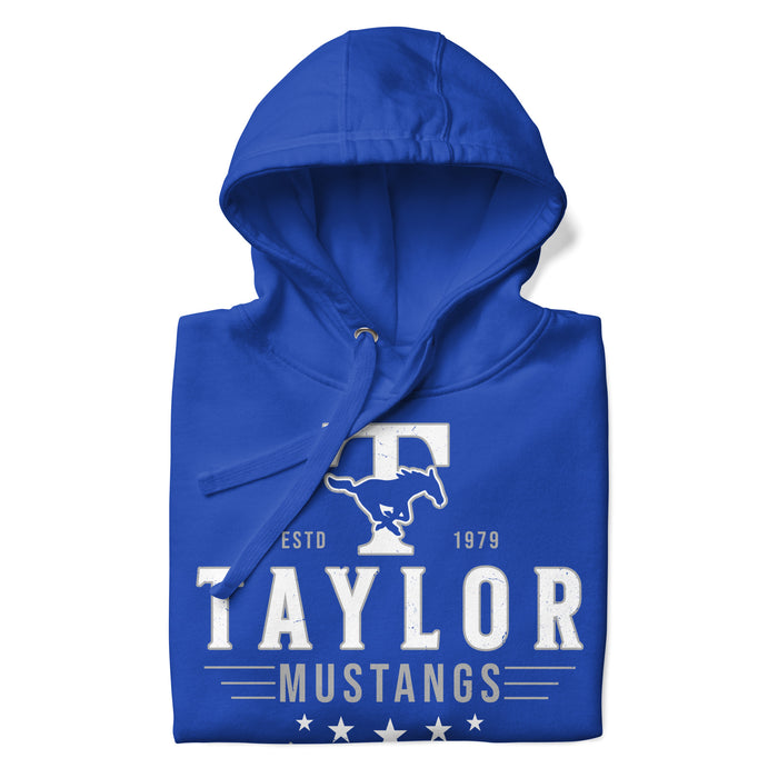 Neatly folded view of Taylor High School Mustangs Royal Blue Premium Unisex Hoodie 217