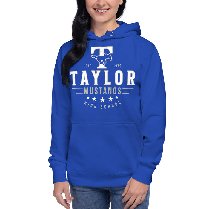 Woman wearing Taylor High School Mustangs Royal Blue Premium Unisex Hoodie 217