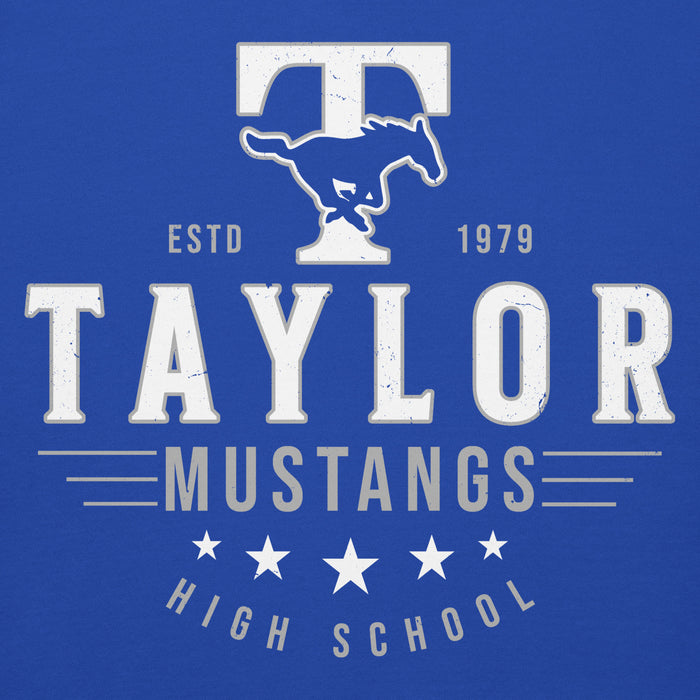 Close-up view of Taylor High School Mustangs Royal Blue Premium Unisex Hoodie 217