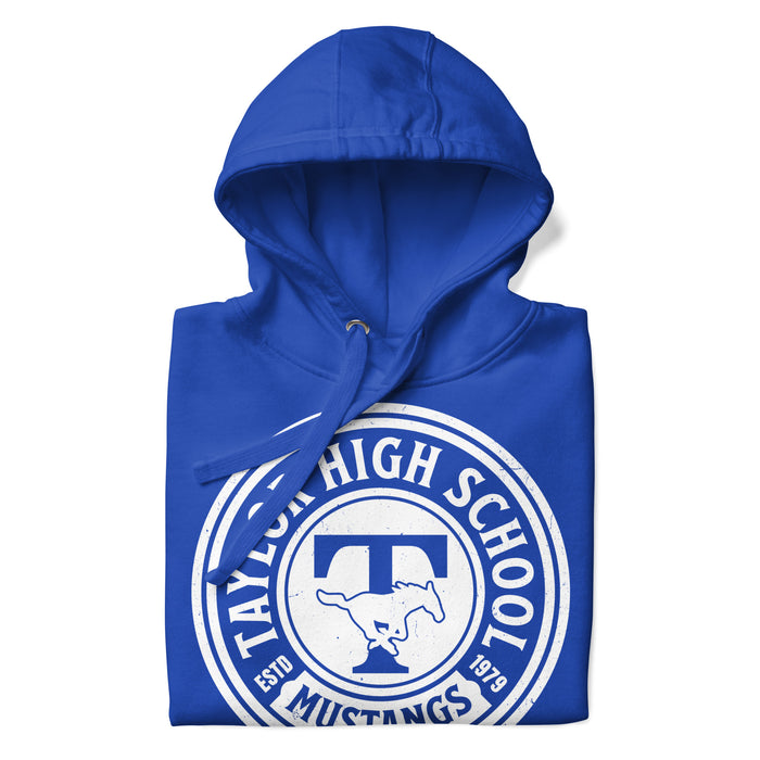 Neatly folded view of Taylor High School Mustangs Royal Blue Premium Unisex Hoodie 220