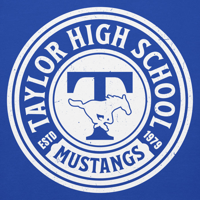 Close-up view of Taylor High School Mustangs Royal Blue Premium Unisex Hoodie 220