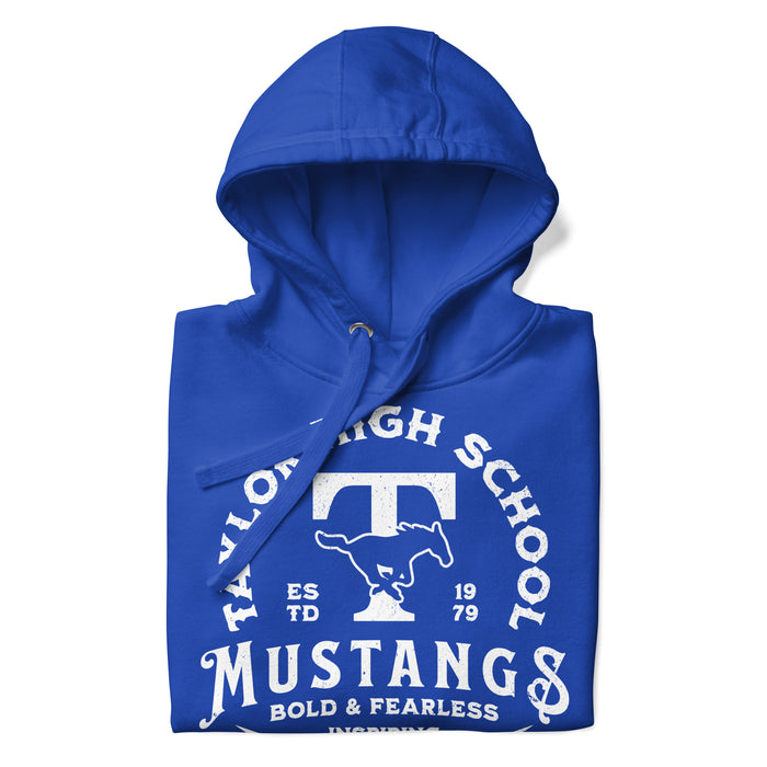 Neatly folded view of Taylor High School Mustangs Royal Blue Premium Unisex Hoodie 206