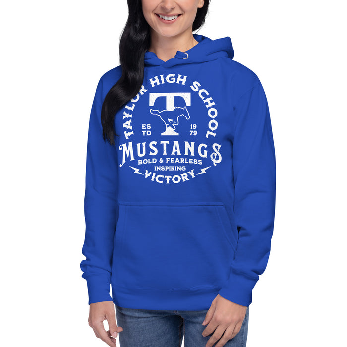 Woman wearing Taylor High School Mustangs Royal Blue Premium Unisex Hoodie 206