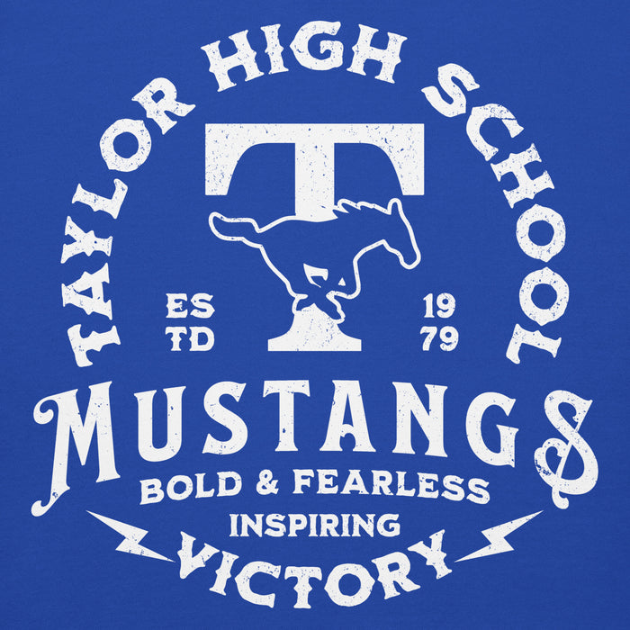 Close-up view of Taylor High School Mustangs Royal Blue Premium Unisex Hoodie 206