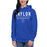 Woman wearing Taylor High School Mustangs Royal Blue Premium Unisex Hoodie 003