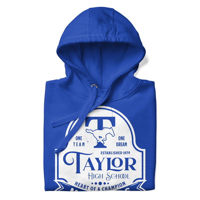 Neatly folded view of Taylor High School Mustangs Royal Blue Premium Unisex Hoodie 219