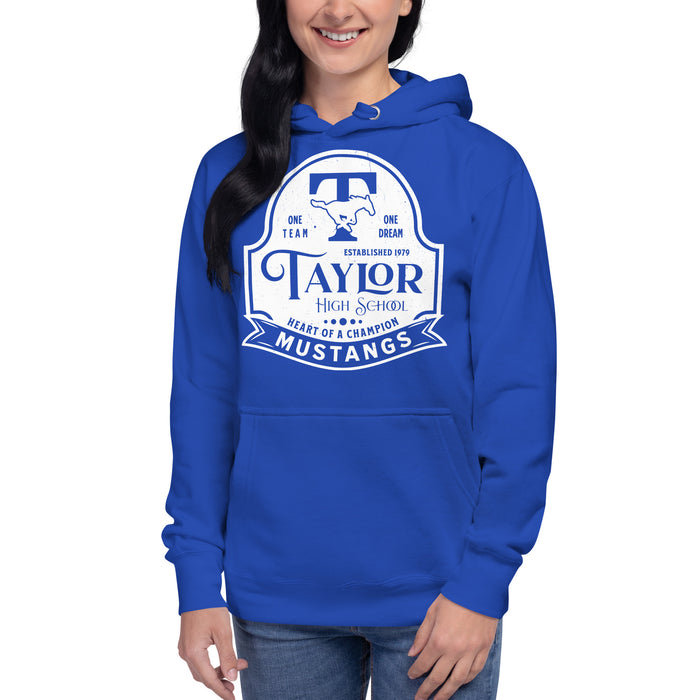 Woman wearing Taylor High School Mustangs Royal Blue Premium Unisex Hoodie 219