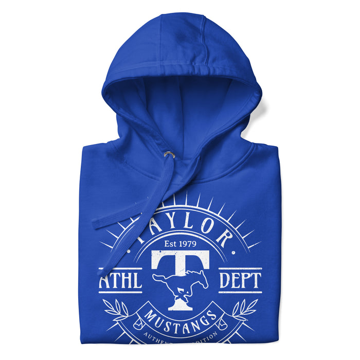 Neatly folded view of Taylor High School Mustangs Royal Blue Premium Unisex Hoodie 201