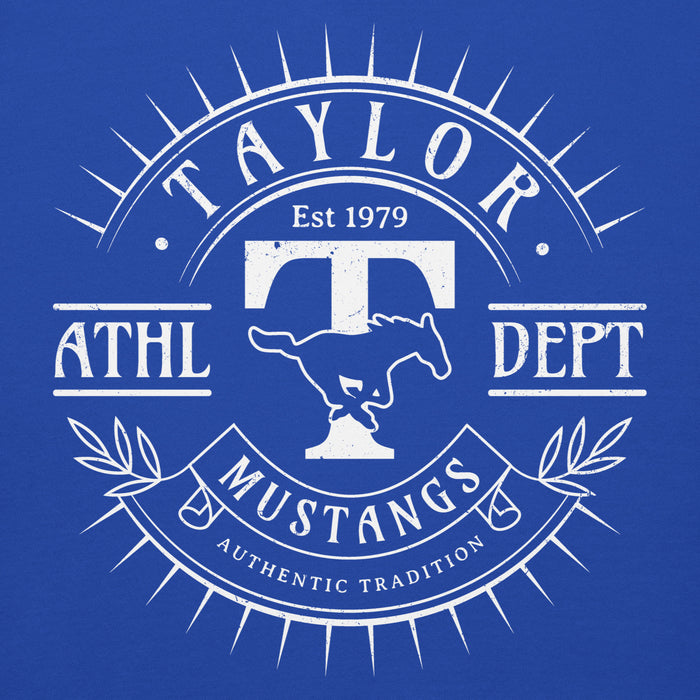 Close-up view of Taylor High School Mustangs Royal Blue Premium Unisex Hoodie 201