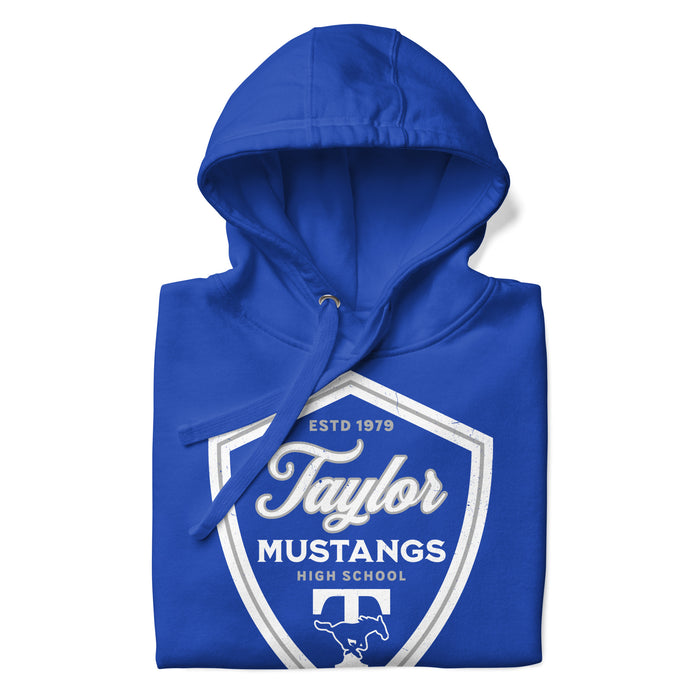 Neatly folded view of Taylor High School Mustangs Royal Blue Premium Unisex Hoodie 225