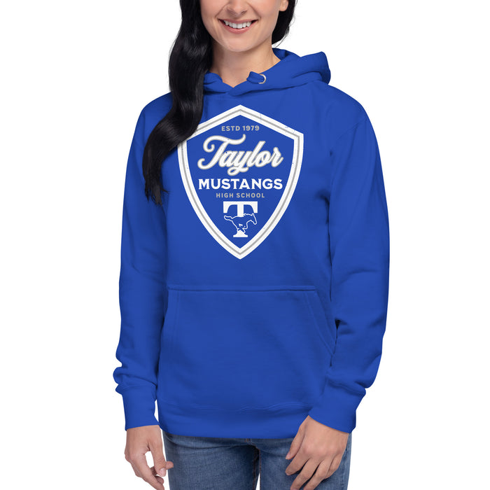 Woman wearing Taylor High School Mustangs Royal Blue Premium Unisex Hoodie 225