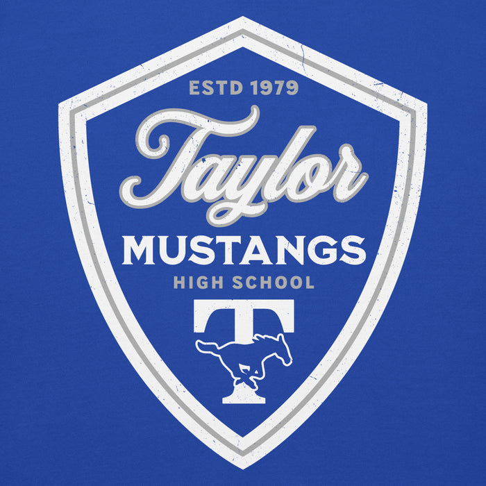 Close-up view of Taylor High School Mustangs Royal Blue Premium Unisex Hoodie 225