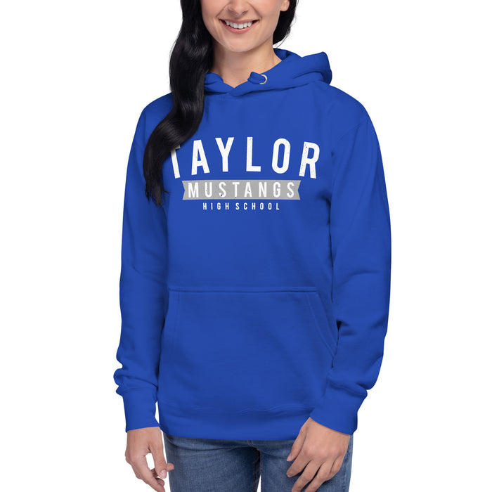 Woman wearing Taylor High School Mustangs Royal Blue Premium Unisex Hoodie 021