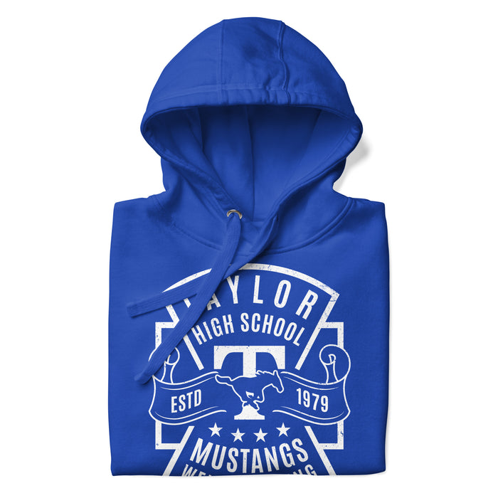 Neatly folded view of Taylor High School Mustangs Royal Blue Premium Unisex Hoodie 207