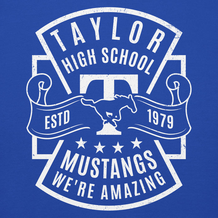 Close-up view of Taylor High School Mustangs Royal Blue Premium Unisex Hoodie 207