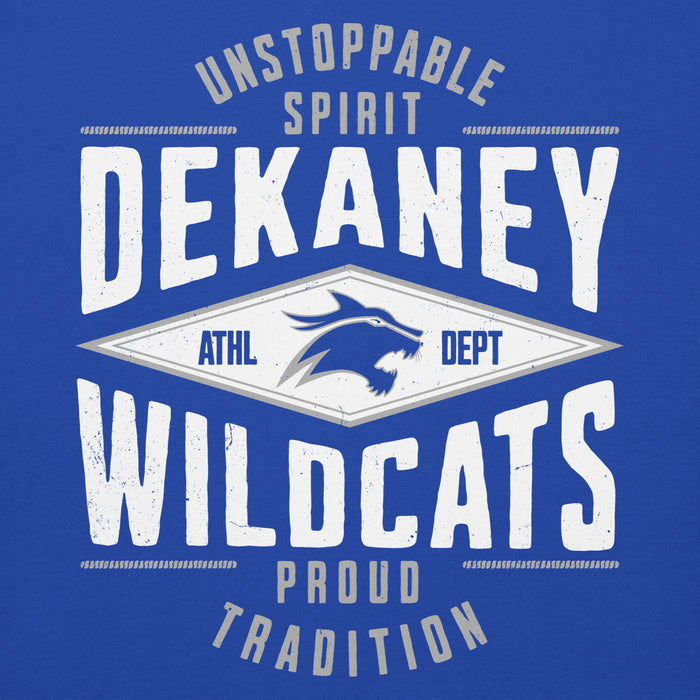 Close-up view of Dekaney High School Wildcats Royal Blue Premium Unisex Hoodie 210