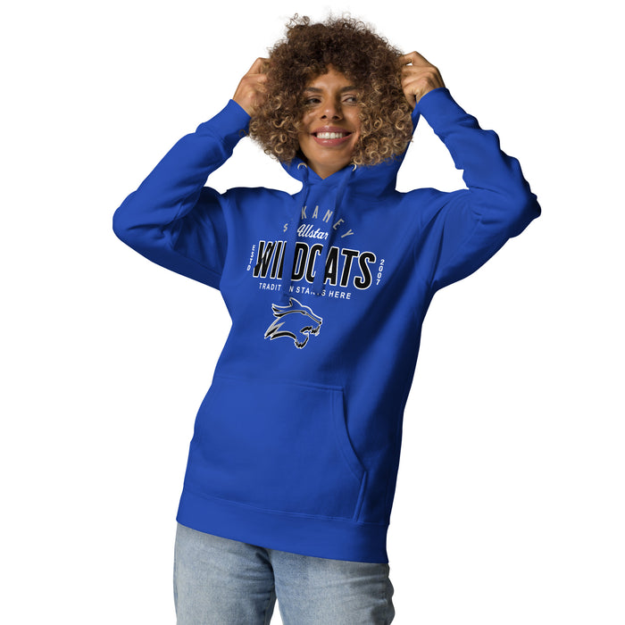 Woman wearing Dekaney High School Wildcats Royal Blue Premium Unisex Hoodie 040
