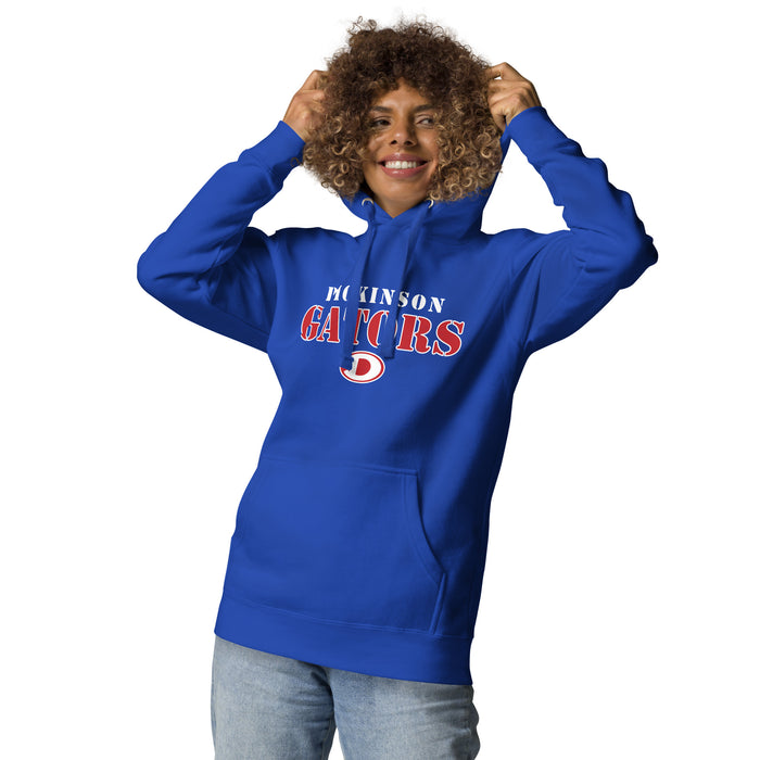 Woman wearing Dickinson High School Gators Royal Blue Premium Unisex Hoodie 017