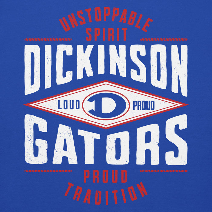 Close-up view of Dickinson High School Gators Royal Blue Premium Unisex Hoodie 210