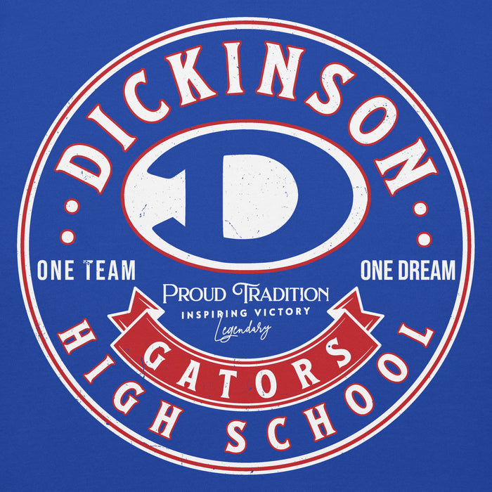 Close-up view of Dickinson High School Gators Royal Blue Premium Unisex Hoodie 215