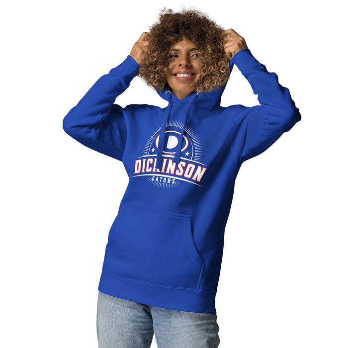 Woman wearing Dickinson High School Gators Royal Blue Premium Unisex Hoodie 221