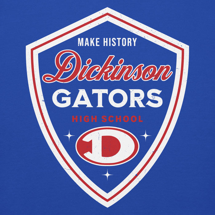 Close-up view of Dickinson High School Gators Royal Blue Premium Unisex Hoodie 225
