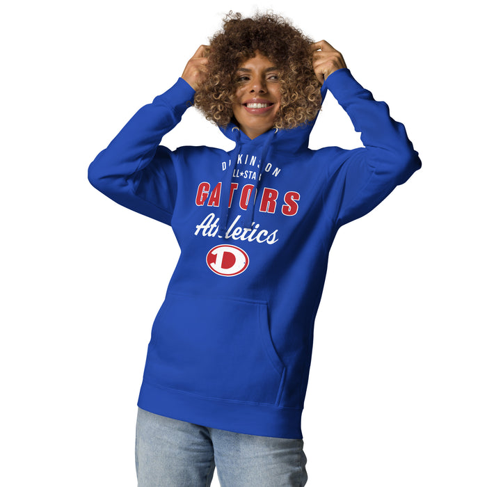 Woman wearing Dickinson High School Gators Royal Blue Premium Unisex Hoodie 034