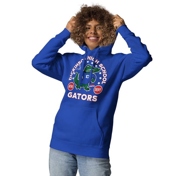 Woman wearing Dickinson High School Gators Royal Blue Premium Unisex Hoodie 208