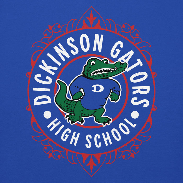 Close-up view of Dickinson High School Gators Royal Blue Premium Unisex Hoodie 227