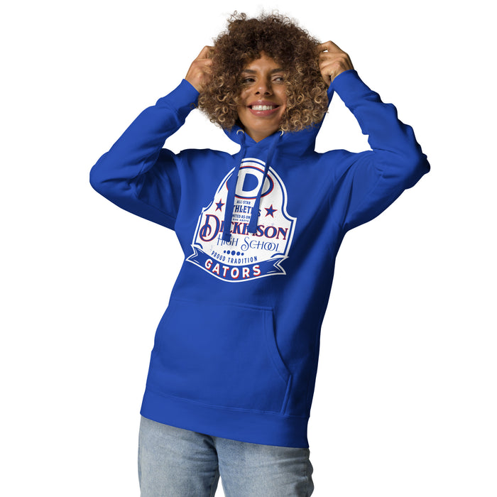 Woman wearing Dickinson High School Gators Royal Blue Premium Unisex Hoodie 219