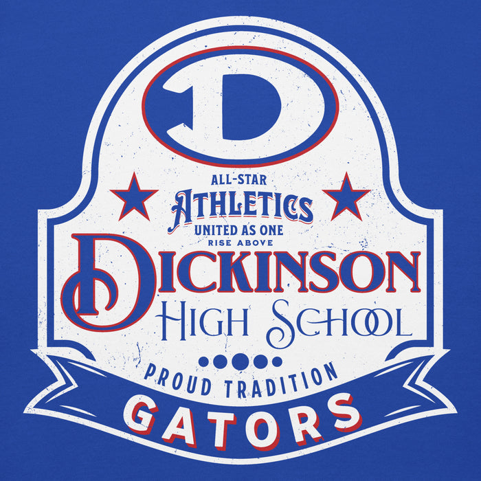 Close-up view of Dickinson High School Gators Royal Blue Premium Unisex Hoodie 219