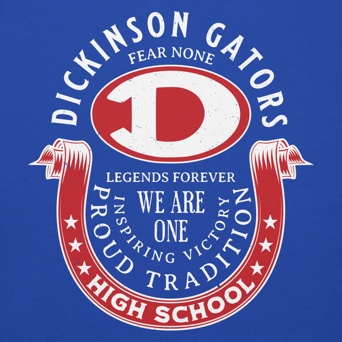 Close-up view of Dickinson High School Gators Royal Blue Premium Unisex Hoodie 229