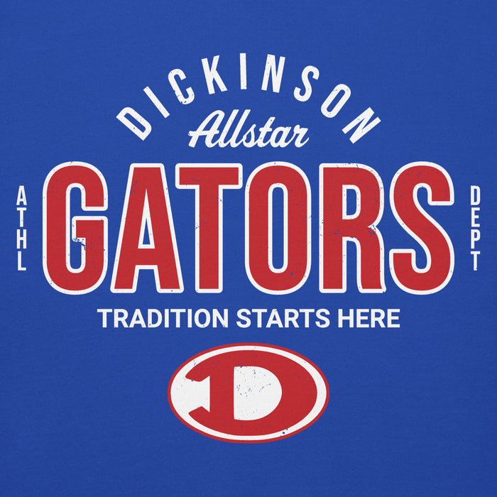 Close-up view of Dickinson High School Gators Royal Blue Premium Unisex Hoodie 040
