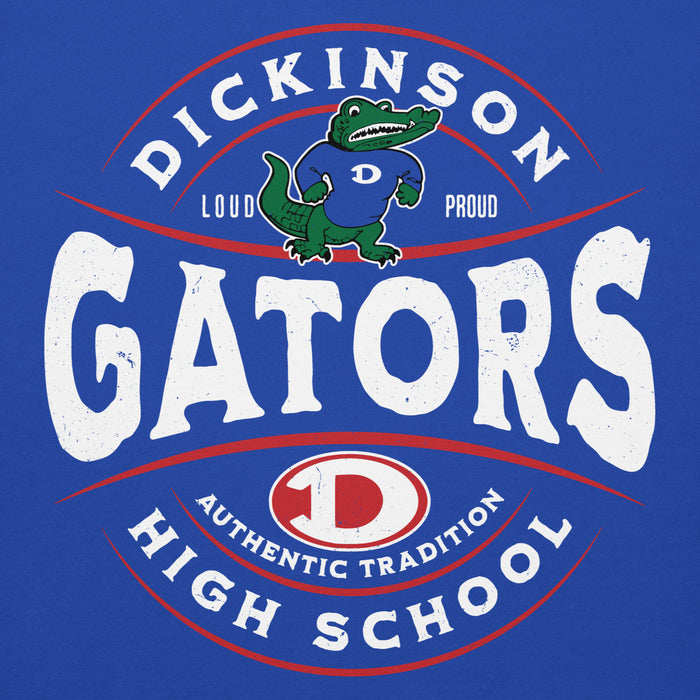 Close-up view of Dickinson High School Gators Royal Blue Premium Unisex Hoodie 218