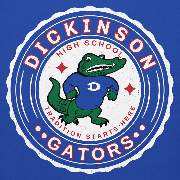 Close-up view of Dickinson High School Gators Royal Blue Premium Unisex Hoodie 216