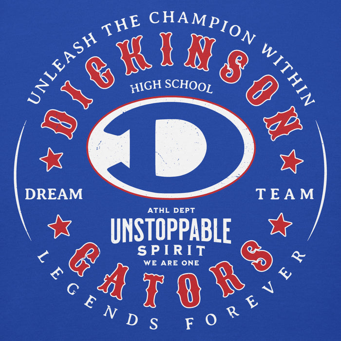 Close-up view of Dickinson High School Gators Royal Blue Premium Unisex Hoodie 214