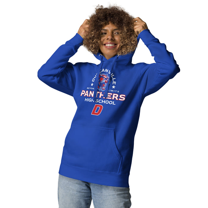 Woman wearing Duncanville High School Panthers Royal Blue Premium Hoodie 222