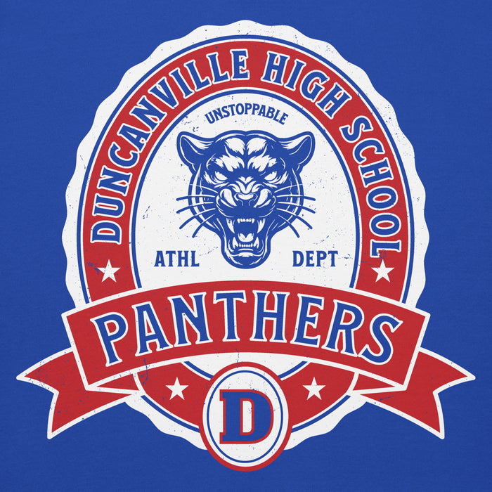 Close-up view of Duncanville High School Panthers Royal Blue Premium Hoodie 212