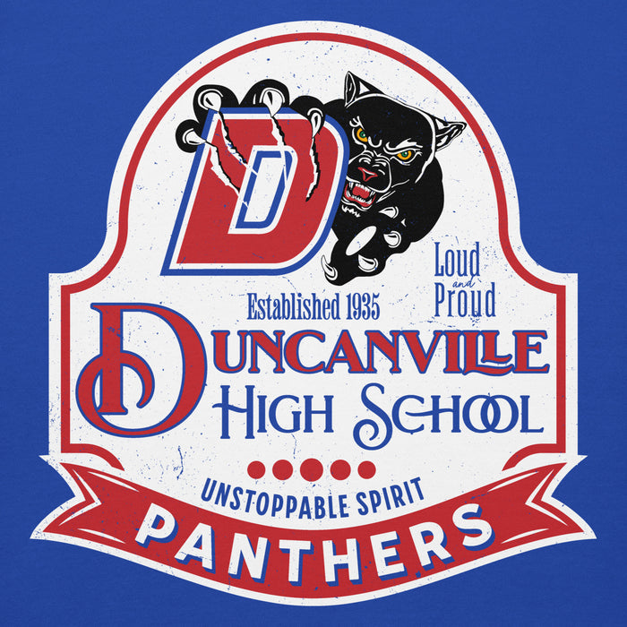 Close-up view of Duncanville High School Panthers Royal Blue Premium Hoodie 219