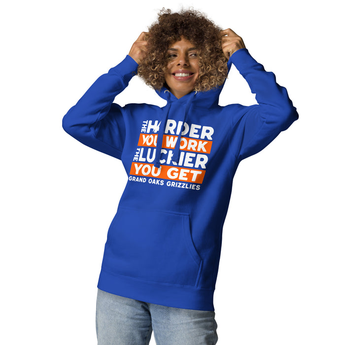 Woman wearing Grand Oaks High School Grizzlies Royal Blue Premium Unisex Hoodie 238
