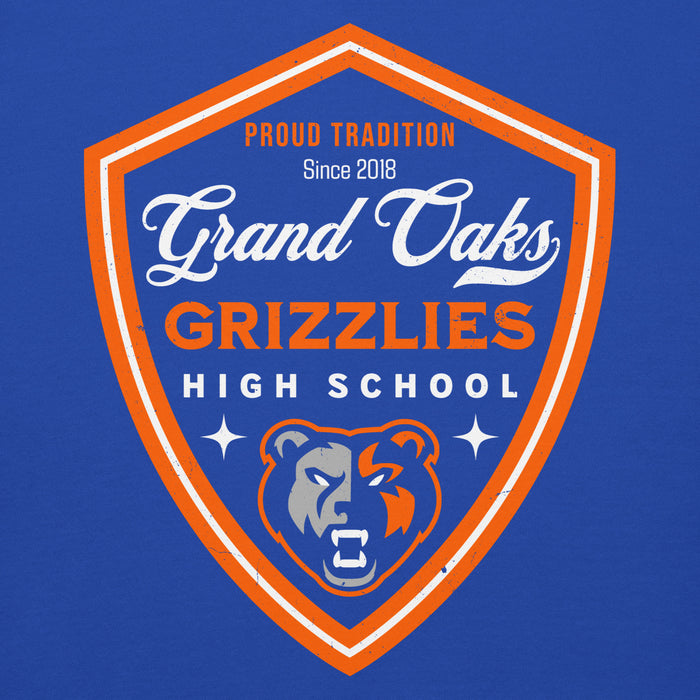 Close-up view of Grand Oaks High School Grizzlies Royal Blue Premium Unisex Hoodie 225