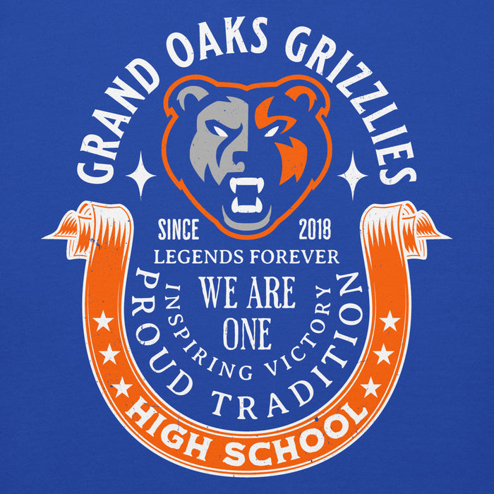 Close-up view of Grand Oaks High School Grizzlies Royal Blue Premium Unisex Hoodie 229