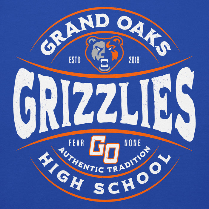 Close-up view of Grand Oaks High School Grizzlies Royal Blue Premium Unisex Hoodie 218