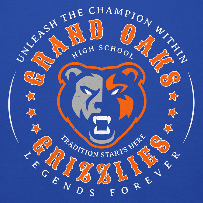 Close-up view of Grand Oaks High School Grizzlies Royal Blue Premium Unisex Hoodie 214