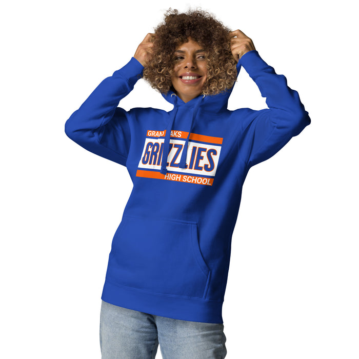 Woman wearing Grand Oaks High School Grizzlies Royal Blue Premium Unisex Hoodie 098