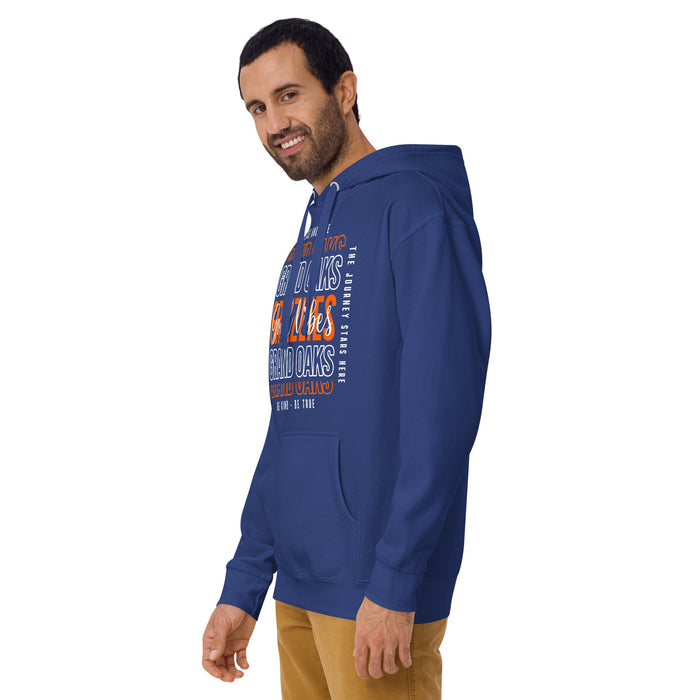 Man wearing a Grand Oaks High School Grizzlies Premium Royal Hoodie 13