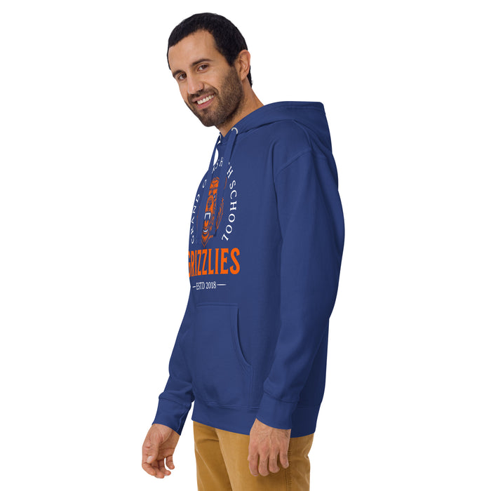 Man wearing a Grand Oaks High School Grizzlies Premium Royal Hoodie 18