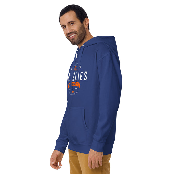 Man wearing a Grand Oaks High School Grizzlies Premium Royal Hoodie 44