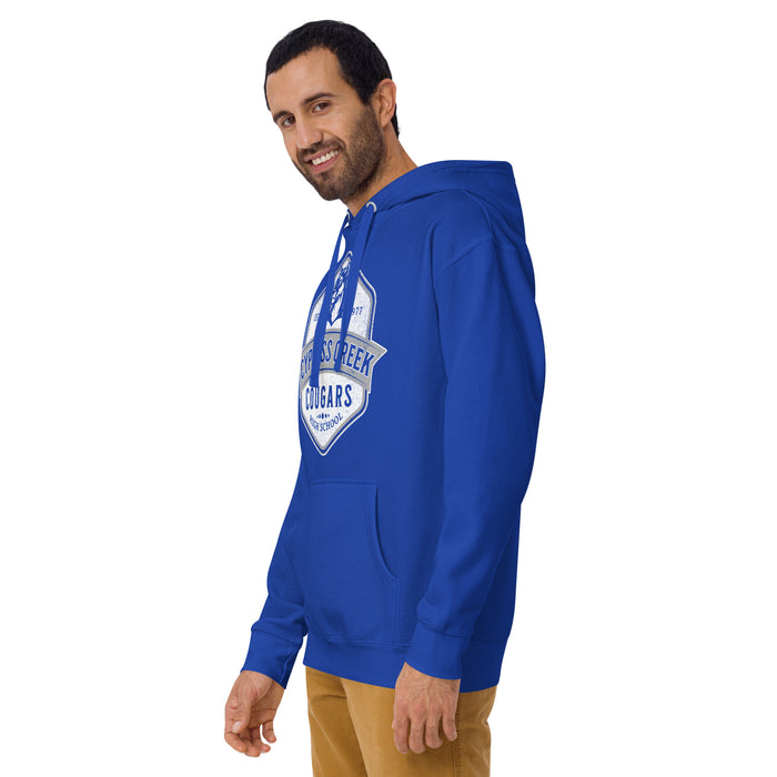 Man wearing Cypress Creek High School Cougars Royal Blue Premium Unisex Hoodie 205